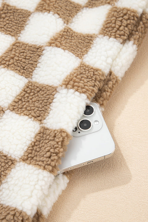 Checkered Sherpa Fleece Button Front Collarless Oversized Jacket